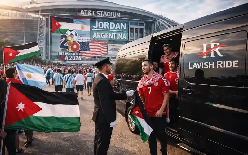 AI Image: Jordan vs Argentina World Cup 2026 match at AT&T Stadium in Dallas, fans arriving with national flags as a Lavish Ride luxury black Sprinter van drops off Jordanian supporters with chauffeur service. / --